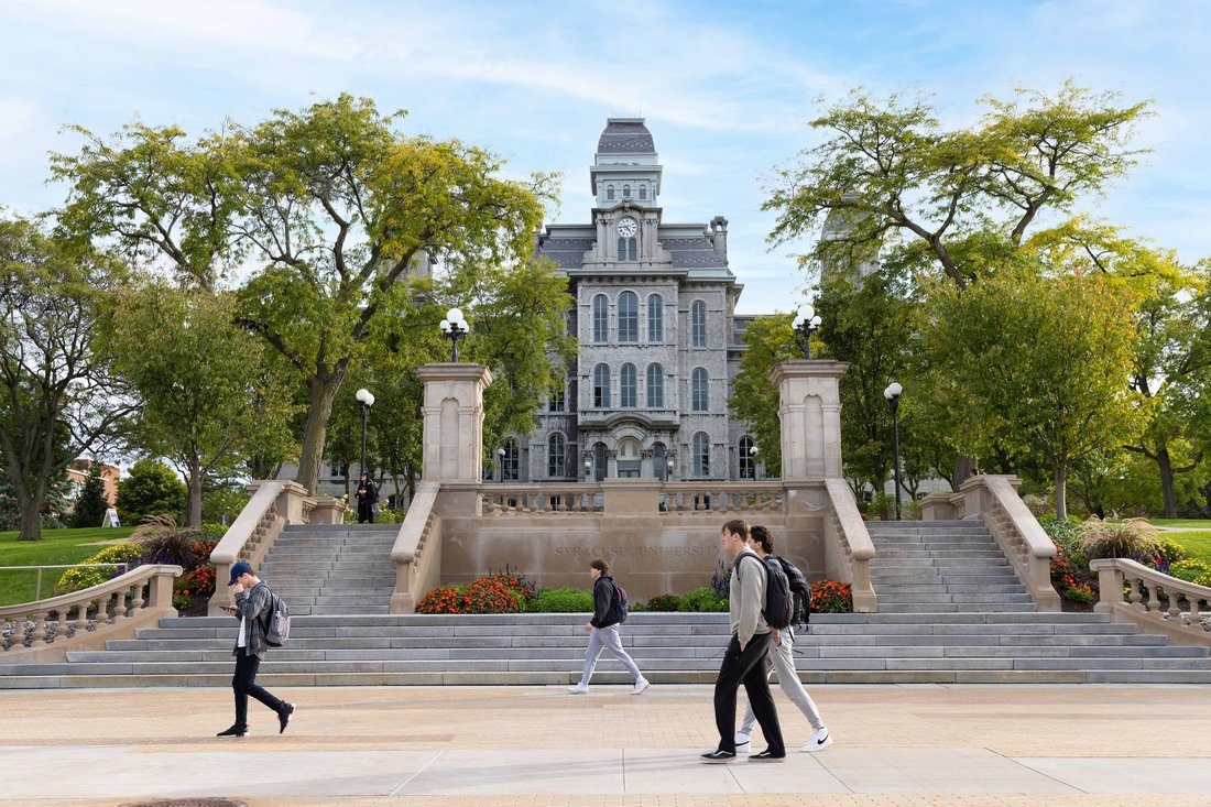Students walking in front of the Hall of Languages.