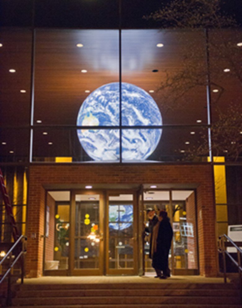 Large image of Earth hanging in foyer of Heroy Geological Laboratory