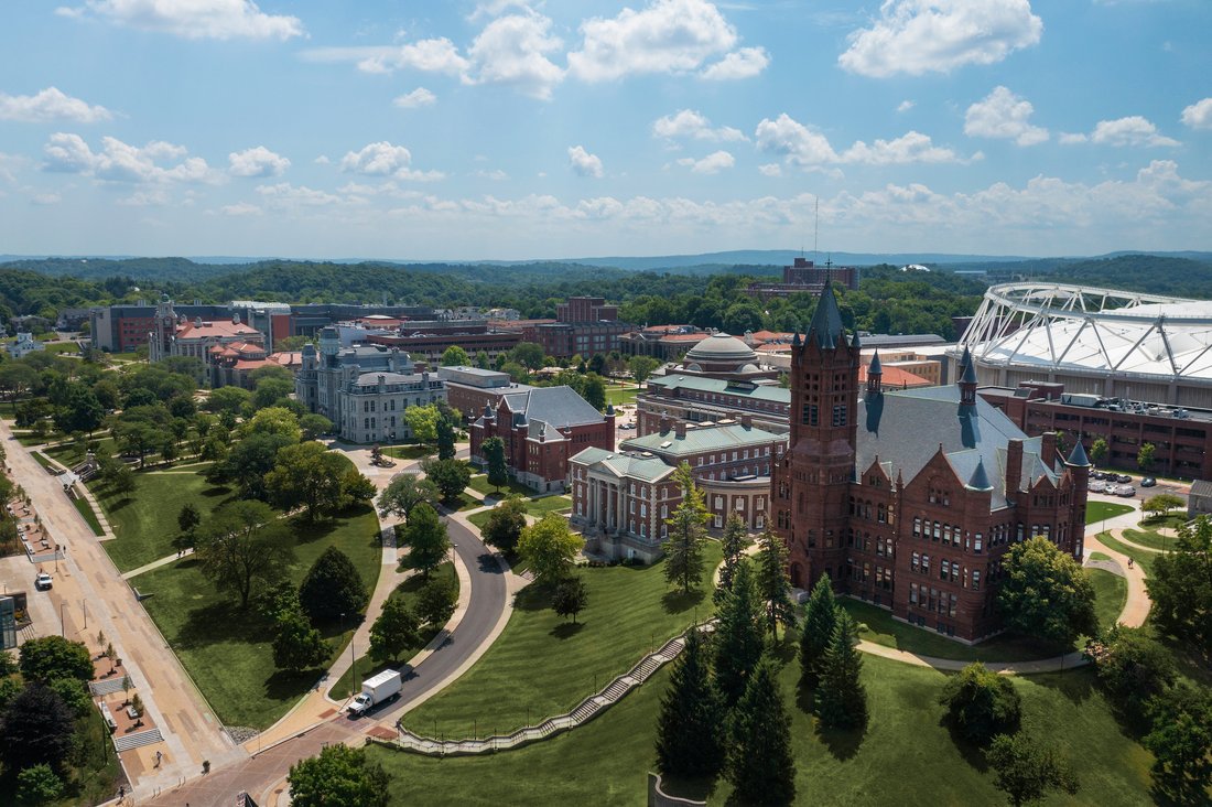 Aerial view of Crouse in the summer at Syracuse University