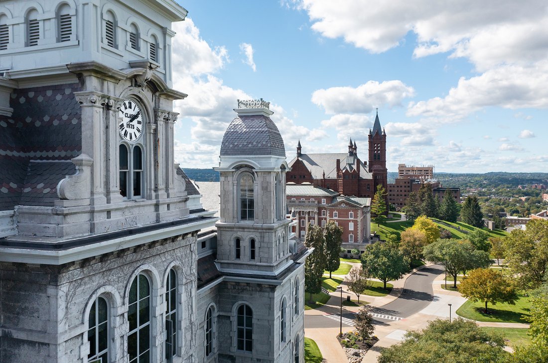 Arial view of the Hall of Languages at Syracuse University