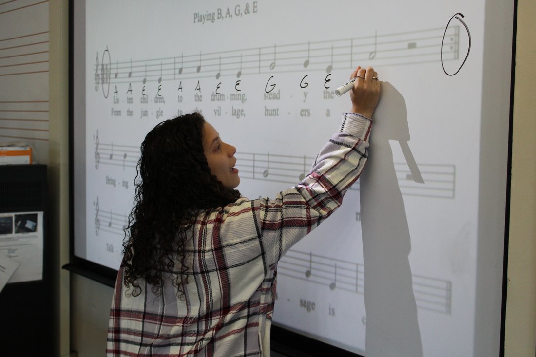 a student notates a music sheet on a whiteboard