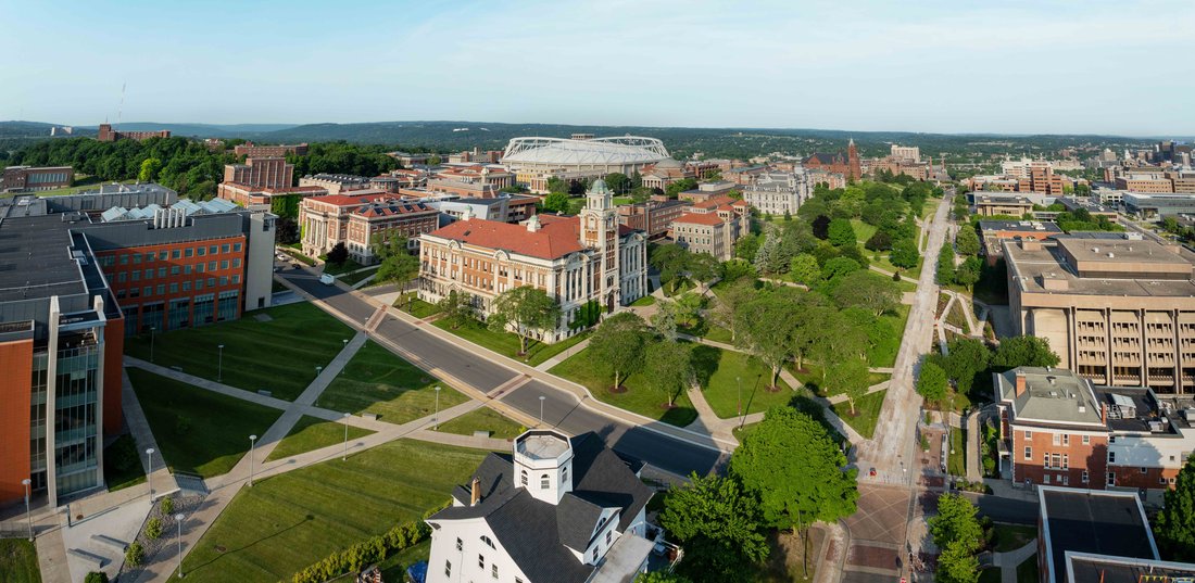 Early morning drone shot of campus.